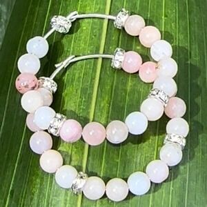 Peruvian Pink White Beaded Hoop Sterling Silver Earrings Rhinestone Accent Boho